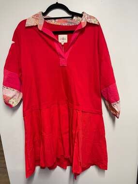 Umgee Red Boho Patchwork Collar Tiered Babydoll Tunic Top